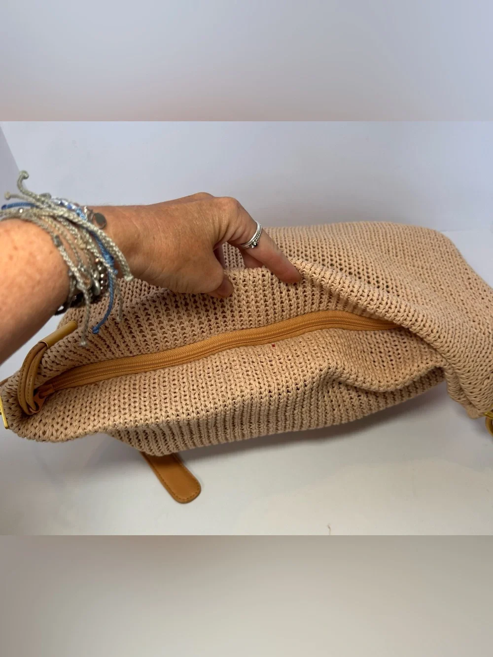 Americana by Sharif Boho Tan Woven Crochet Knit Slouchy Hobo Shoulder Bag